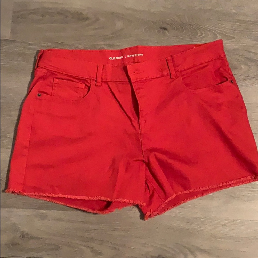 Red denim cutoff shorts